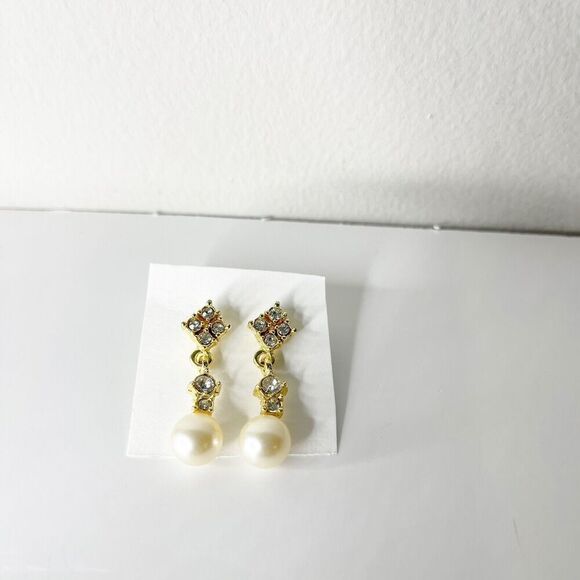 Vintage Avon Earrings Gold Tone Rhinestone Pearl Drop Sparkle Glam 80s 90s - Picture 2 of 16